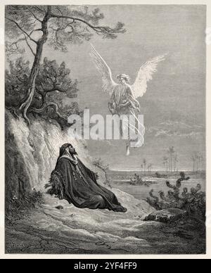 The prophet Elijah fed by an angel. Old Testament. Antique bible illustration by Gustave Dore (1832–1883) Stock Photo