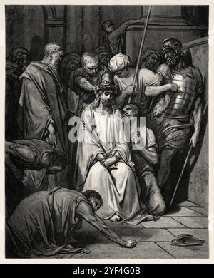 The Crown of Thorns. They gave Jesus a crown of thorns to mock him because Jesus spoke openly to Pilate that he was a king (John 19,5) New Testament. Antique bible illustration by Gustave Dore (1832–1883) Stock Photo