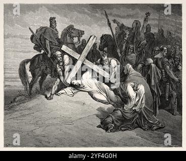 Jesus collapses on Calvary under the weight of carrying the cross to the place of his crucifixion. New Testament. Antique bible illustration by Gustave Dore (1832–1883) Stock Photo