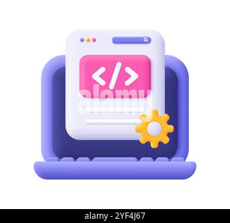Laptop and web page with code symbol and gear cogwheel. Web development and SEO, software engineering, setting and tools, programming and coding conce Stock Vector