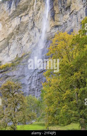 Waterfall on high rocks with colourful autumn trees in the surroundings, Lauterbrunnen, Switzerland, Europe Stock Photo