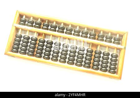 wooden abacus old Chinese tool for calcuated arraning on white background Stock Photo