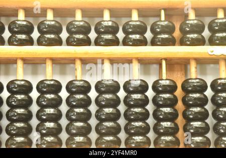 wooden abacus old Chinese tool for calcuated arraning on white background Stock Photo