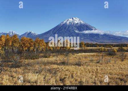 Kamchatka Peninsula landscape: beautiful autumn view of active Koryak Volcano and blue sky on sunny day. Avachinsky-Koryaksky Group of Volcanoes, Kamc Stock Photo