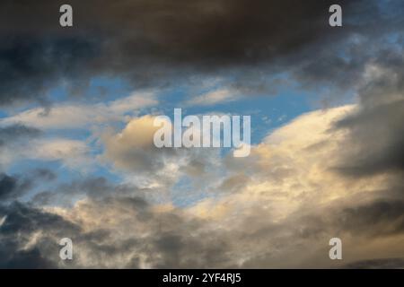 Golden fluffy clouds illuminated by disappearing rays at sunset and dramatic dark thunderclouds floating across sunny blue sky to change summer weathe Stock Photo