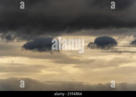 Beautiful dramatic thunderstorm clouds in sky during rain. Dramatic natural cloudiness weather background. Motion blur, soft focus meteorology landsca Stock Photo