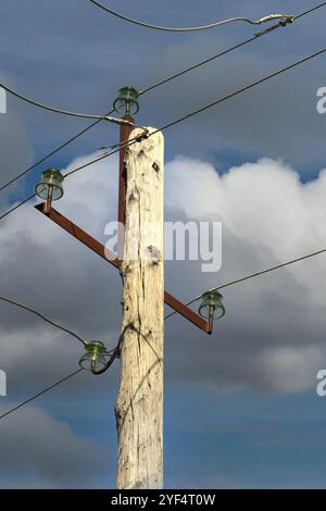 Old wooden high voltage post or high voltage tower, electricity pylon cables. Engineering construction on background dramatic clouds in sky Stock Photo