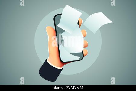 Hands holding smartphone with sheets of paper. Digital document flow. Vector illustration Stock Vector