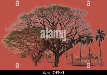 East Indian Walnut tree on orange terracotta background. Beautiful branching large trees, palm trees. Tropical landscape. Exotic nature. Oil painting. Stock Photo