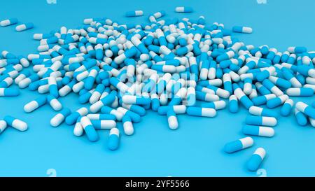 Scattered white pills on blue table. Medical, pharmacy and healthcare concept. 3D illustration Stock Photo