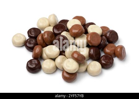 Heap of a mix of chocolate covered traditional Dutch kruidnoten, gingerbread cookies, close up isolated on white background Stock Photo