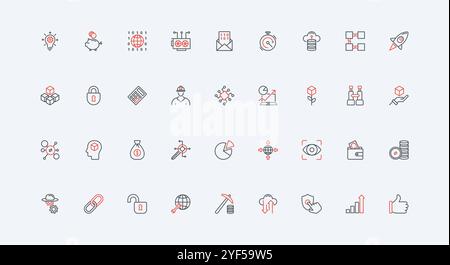 Defi, decentralized finance, fintech security and crypto money, mining line icon set. Futuristic open service protocol, P2P, digital data pack thin black and red outline symbols vector illustration Stock Vector