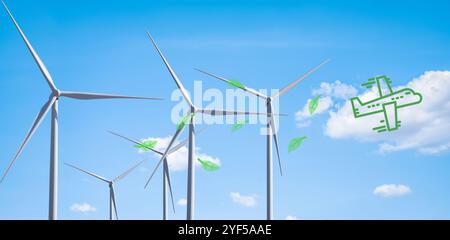 Sustainable aviation concept. Aircraft and wind turbine. Green energy and eco-friendly technology for net-zero airline future. Clean fuels Stock Photo