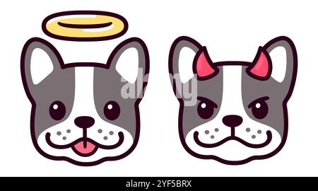 Angel and devil French bulldog face, cute cartoon drawing. Simple kawaii Frenchie dog doodle style illustration. Stock Vector