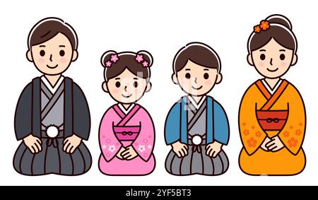 Cute cartoon family in national Japanese costumes sitting on the floor (seiza). Man and woman, boy and girl. Vector clip art illustration. Stock Vector