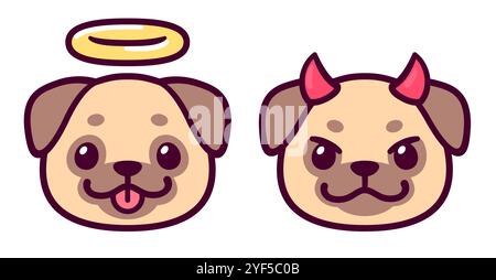 Angel and devil pug dog face, cute cartoon drawing. Simple kawaii doodle style illustration. Stock Vector