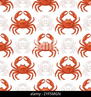 A seamless pattern of bright red crabs on a white background Stock Vector