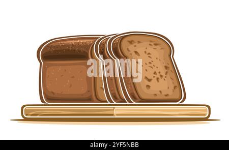 Vector illustration of Rye Bread, horizontal poster with cartoon design rye sliced loaf, decorative placard with half and pieces brown bread on wooden Stock Vector