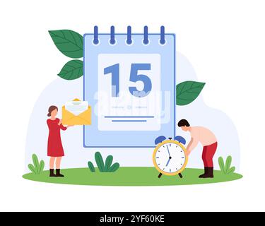 Team members managing schedules and deadlines. One holds an envelope with documents, while another adjusts a large clock in front of a calendar vector illustration. Stock Vector