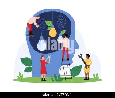 Creative idea to solve problem, solution process simplification Tiny people repair dark broken bulbs with messy knots hanging on wires inside human head, upgrade thoughts cartoon vector illustration Stock Vector