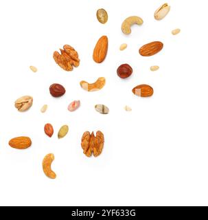 Square shape background from various nuts and seeds with copy space for text. Isolated on white background. Flat lay, top view Stock Photo