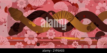 Two intertwined snakes on a floral background. Stock Vector