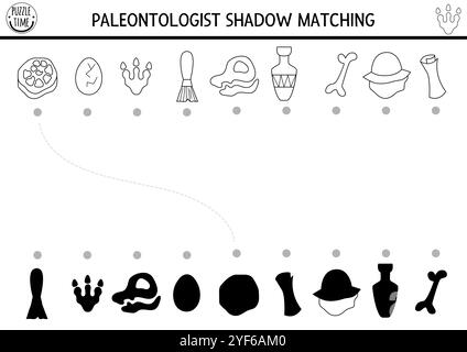 Dinosaur black and white shadow matching activity with paleontologists objects. Prehistoric line puzzle with archeologists tools. Find correct silhoue Stock Vector