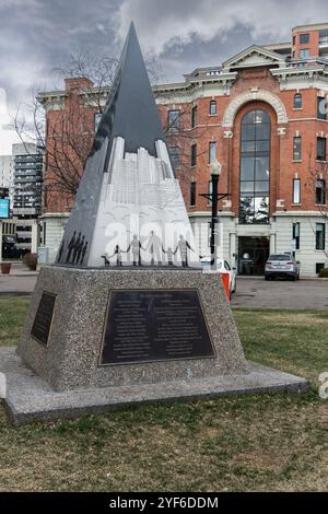 Edmonton,Canada, April 28, 2024: Broken Families obelisk - A monument to dead workers Stock Photo