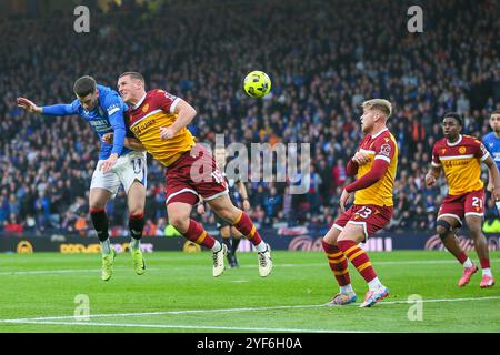 Glasgow, UK. 03rd Nov, 2024. The second of the semi-finals of the Premier Sports Cup between Motherwell FC and Rangers FC was held at Hampden Park, Glasgow, Scotland, UK. The final score was Motherwell 1 - 2 Rangers. The goals were scored by Celtic go into the final to play the winner between Rangers and Motherwell. The goals were scored by A Halliday, Motherwell, 25 minutes. C Dessers, Rangers 49 minutes and N. Bajrami 81 minutes. The final will be between Celtic and Rangers. Credit: Findlay/Alamy Live News Stock Photo