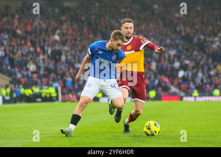 Glasgow, UK. 03rd Nov, 2024. The second of the semi-finals of the Premier Sports Cup between Motherwell FC and Rangers FC was held at Hampden Park, Glasgow, Scotland, UK. The final score was Motherwell 1 - 2 Rangers. The goals were scored by Celtic go into the final to play the winner between Rangers and Motherwell. The goals were scored by A Halliday, Motherwell, 25 minutes. C Dessers, Rangers 49 minutes and N. Bajrami 81 minutes. The final will be between Celtic and Rangers. Credit: Findlay/Alamy Live News Stock Photo