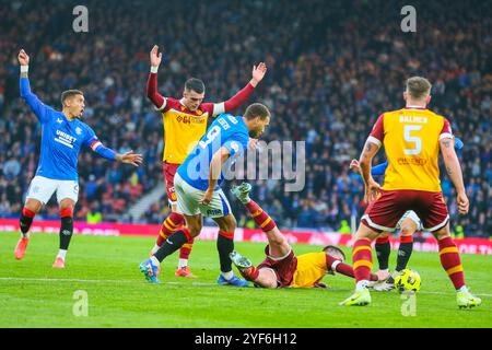 Glasgow, UK. 03rd Nov, 2024. The second of the semi-finals of the Premier Sports Cup between Motherwell FC and Rangers FC was held at Hampden Park, Glasgow, Scotland, UK. The final score was Motherwell 1 - 2 Rangers. The goals were scored by Celtic go into the final to play the winner between Rangers and Motherwell. The goals were scored by A Halliday, Motherwell, 25 minutes. C Dessers, Rangers 49 minutes and N. Bajrami 81 minutes. The final will be between Celtic and Rangers. Credit: Findlay/Alamy Live News Stock Photo