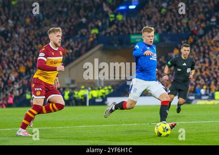 Glasgow, UK. 03rd Nov, 2024. The second of the semi-finals of the Premier Sports Cup between Motherwell FC and Rangers FC was held at Hampden Park, Glasgow, Scotland, UK. The final score was Motherwell 1 - 2 Rangers. The goals were scored by Celtic go into the final to play the winner between Rangers and Motherwell. The goals were scored by A Halliday, Motherwell, 25 minutes. C Dessers, Rangers 49 minutes and N. Bajrami 81 minutes. The final will be between Celtic and Rangers. Credit: Findlay/Alamy Live News Stock Photo