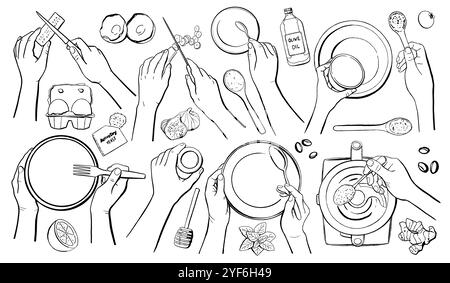 Hand drawn chef hands cooking lunch isolated on white background. Human hands holding kitchen utensils. Plate, spatula, spoon, fork, salt, cookies, ho Stock Vector