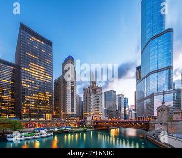 Chicago, Illinois, USA cityscape on the river at twilight. Stock Photo