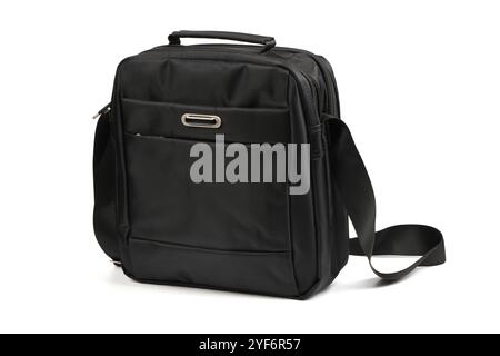 Isolated men's shoulder bag on white. Men's shoulder bag and handbag. Black leather small bag for money, keys, and documents isolated on white. Black Stock Photo