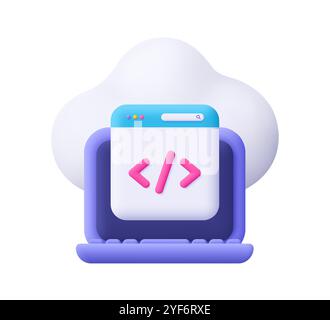 Computer laptop webpage with code symbol and cloud. Big data, web development, software engineering, programming and coding concept. 3d vector icon. C Stock Vector