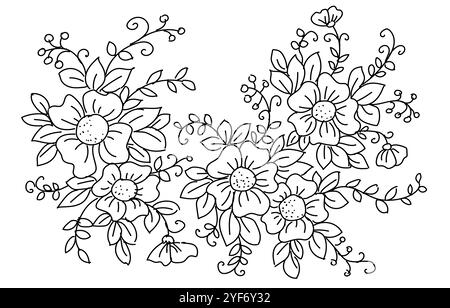 Line flowers. Art drawing floral decoration invitation. Black ink hand drawn on white background. Botanical style coloring picture. Wedding fashion Stock Vector