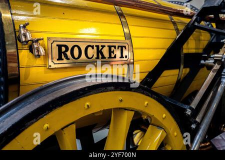 NRM, YORK, UK - OCT 6, 2024. A replica of Robert Stephenson's famous Rocket steam Locomtive with close up on the name plate sign situated in The NRM Stock Photo