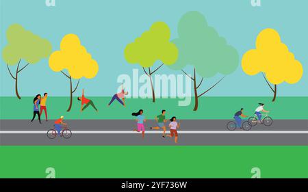 People in the park, leisure vector illustration. Character people having active rest on nature. Men's and women's weekend out. Stock Vector