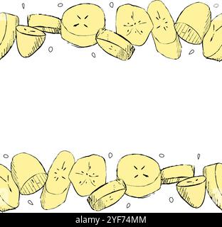 Seamless horizontal border with banana slices. Graphic hand drawn vector illustration. Healthy vitamin natural food Stock Vector