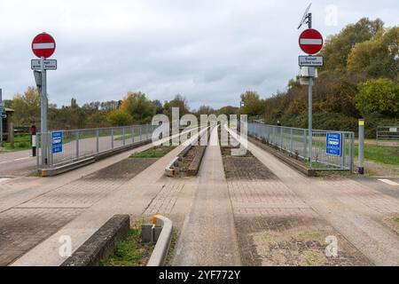 The Cambridgeshire Guided Busway passing through RSPB Fen Drayton Lakes, England, UK Stock Photo