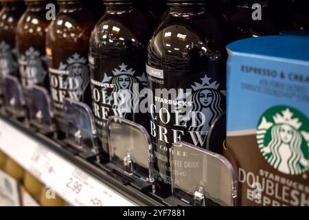 Los Angeles, California, United States - 03-19-2019: A view of several bottles of Starbucks brand cold brew beverage, at the store. Stock Photo