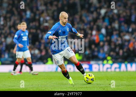 Glasgow, UK. 03rd Nov, 2024. The second of the semi-finals of the Premier Sports Cup between Motherwell FC and Rangers FC was held at Hampden Park, Glasgow, Scotland, UK. The final score was Motherwell 1 - 2 Rangers. The goals were scored by Celtic go into the final to play the winner between Rangers and Motherwell. The goals were scored by Andy Halliday, (Motherwell 11), 25 minutes. Cyriel Dessers, (Rangers 9), 49 minutes and Nedim Bajrami (Rangers 14) 81 minutes. The final will be between Celtic and Rangers on 15 December 2024 at Hampden Park. Credit: Findlay/Alamy Live News Stock Photo