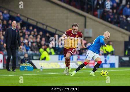 Glasgow, UK. 03rd Nov, 2024. The second of the semi-finals of the Premier Sports Cup between Motherwell FC and Rangers FC was held at Hampden Park, Glasgow, Scotland, UK. The final score was Motherwell 1 - 2 Rangers. The goals were scored by Celtic go into the final to play the winner between Rangers and Motherwell. The goals were scored by Andy Halliday, (Motherwell 11), 25 minutes. Cyriel Dessers, (Rangers 9), 49 minutes and Nedim Bajrami (Rangers 14) 81 minutes. The final will be between Celtic and Rangers on 15 December 2024 at Hampden Park. Credit: Findlay/Alamy Live News Stock Photo