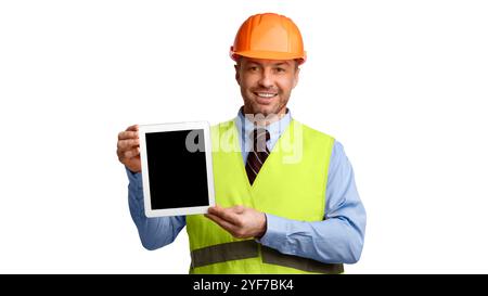 Construction Worker Showing Tablet Empty Screen Over White Background, Panorama Stock Photo