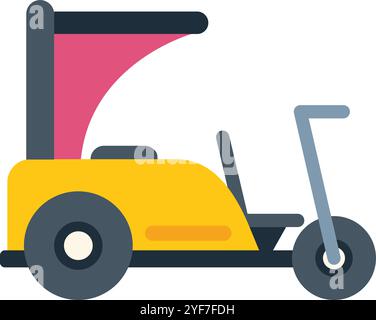 Yellow auto rickshaw taxi cab service driving side view flat color vector icon for apps and websites Stock Vector