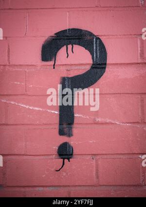 A Grungy Question Mark Symbol Spray-Painted On A Red Brick Wall Stock Photo