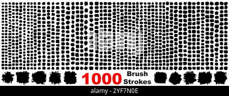 Very large collection or set of 1000 artistic black paint hand made creative brush strokes isolated on white background, metaphor to art, grunge or gr Stock Vector