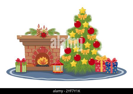 Christmas fireplace with decorated tree, candles, and gift boxes on white background. Holiday celebration and winter season concept for greeting card Stock Vector