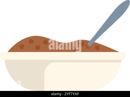Simple vector illustration of a white bowl filled with a brown substance with a spoon sticking out of it Stock Vector
